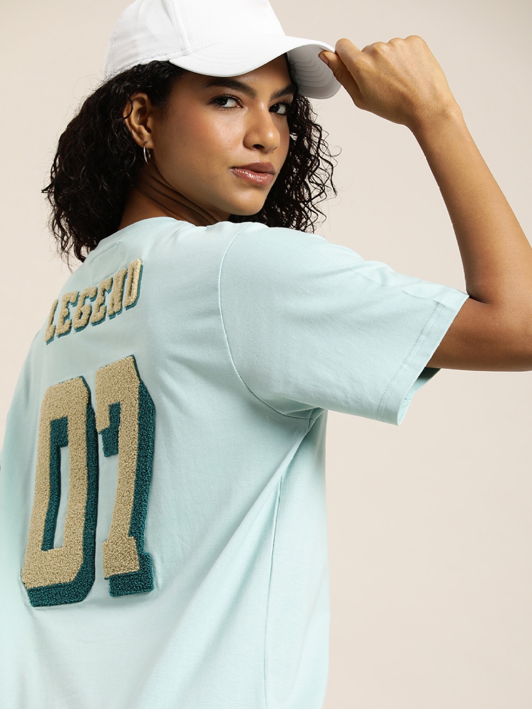 

DILLINGER Typography Embroidered Oversized Pure Cotton Longline T-shirt, Turquoise blue