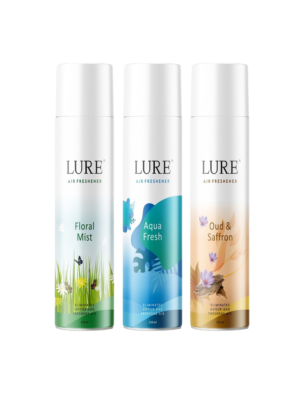 

LURE 3 Pieces Air Freshener-Floral Mist,Aqua Fresh and Oud & Saffron-220mlEach, White