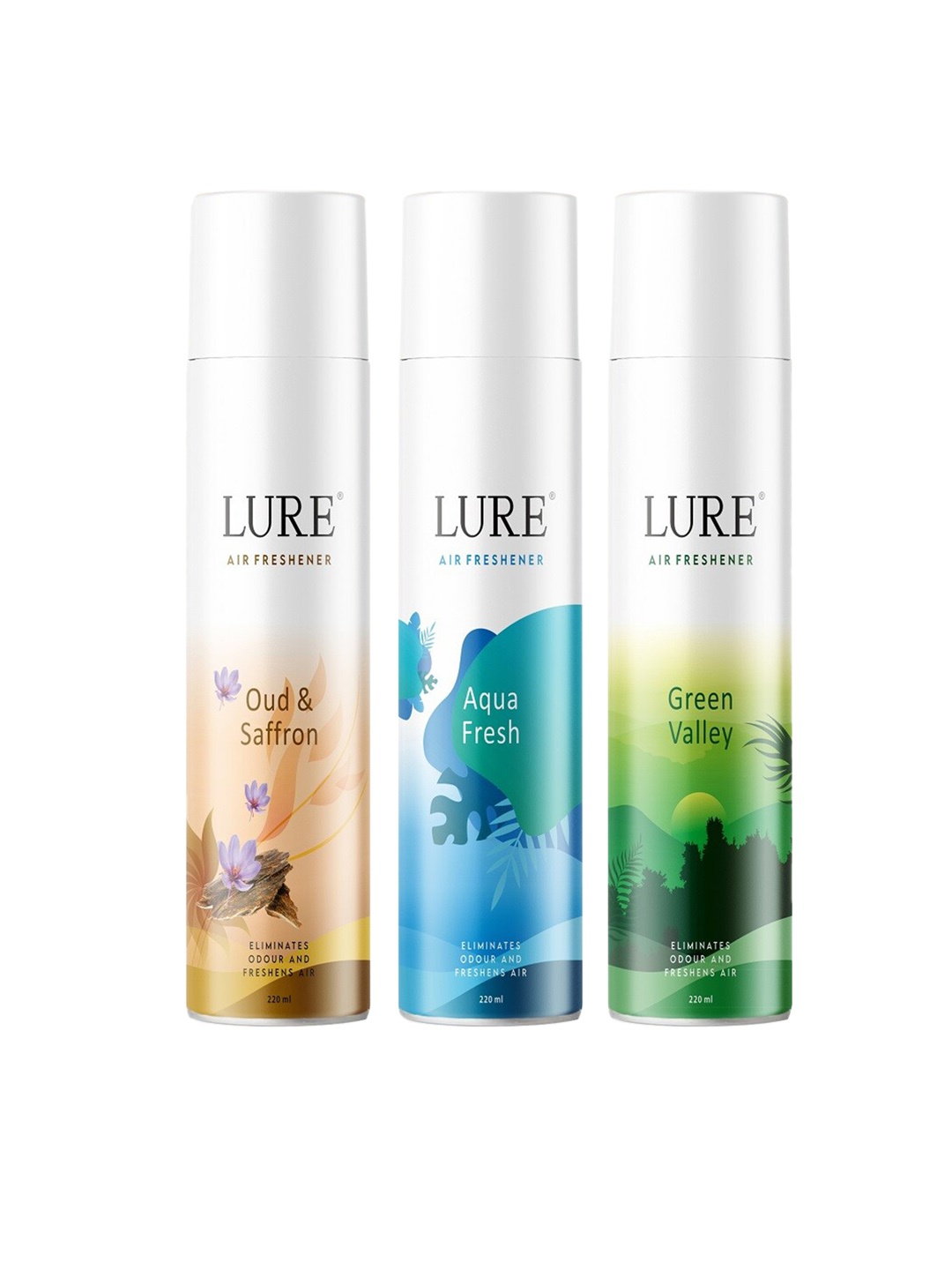 

LURE 3 Pieces of Air Freshener - Green Valley,Aqua Fresh and Oud & Saffron-220ml Each, Blue