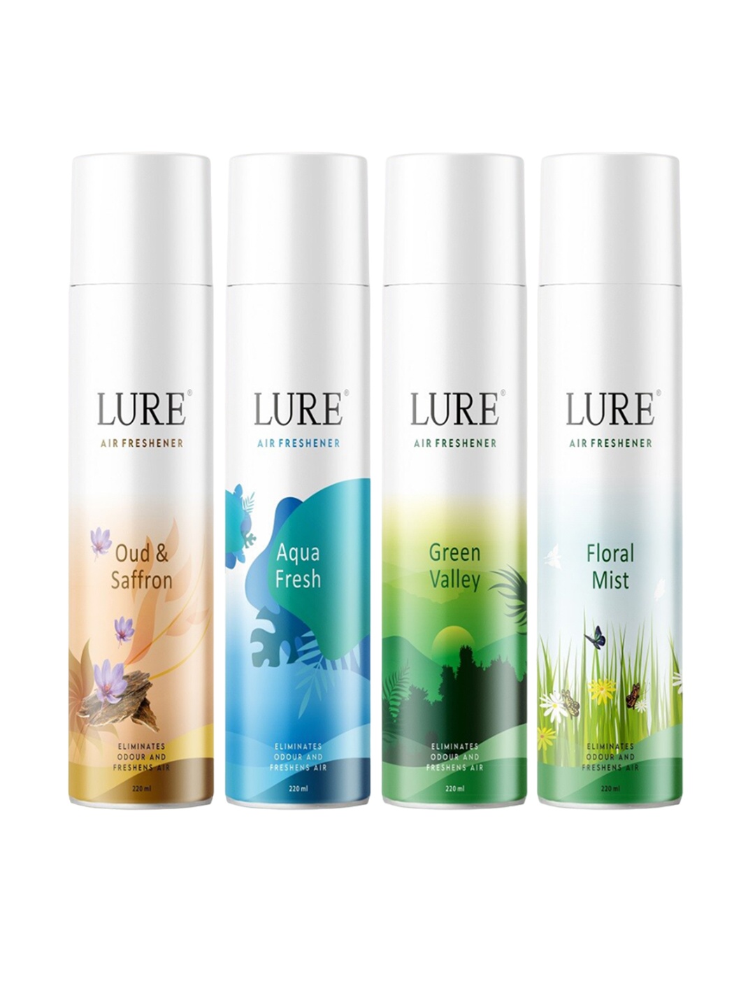 

LURE 4 Pcs of Air Freshener-Green Valley+Floral Mist+Aqua Fresh+Oud & Saffron-220ml Each, White