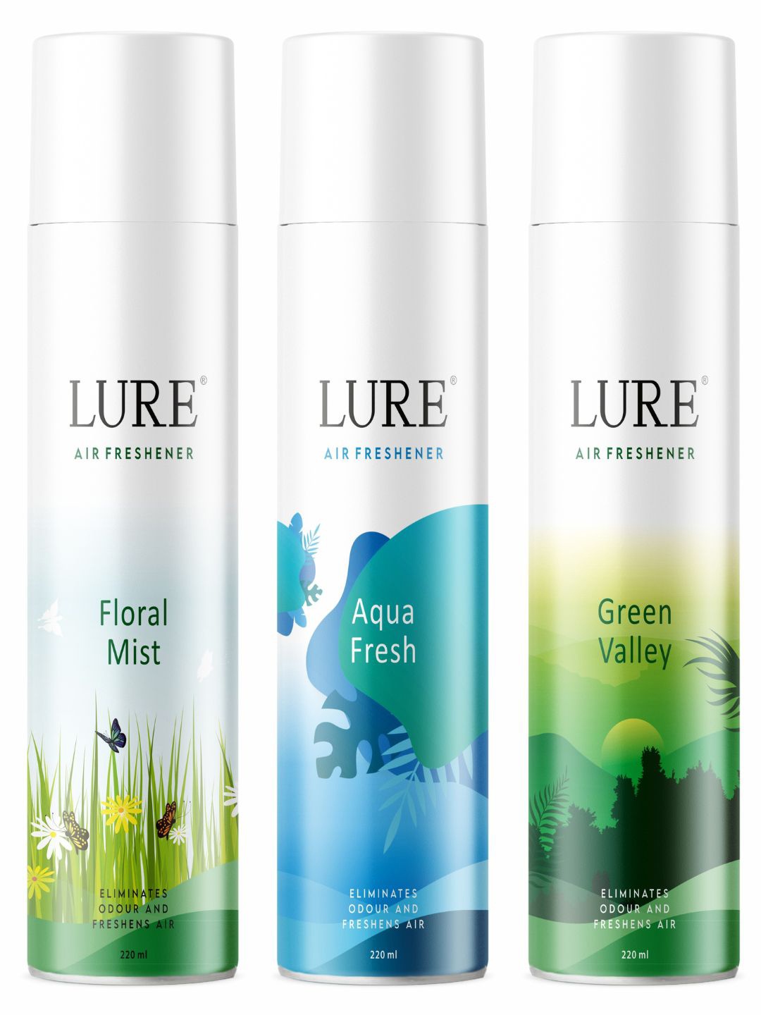 

LURE 3 Pieces of Air Freshener - Green Valley,Aqua Fresh & Floral Mist - 220ml Each, White