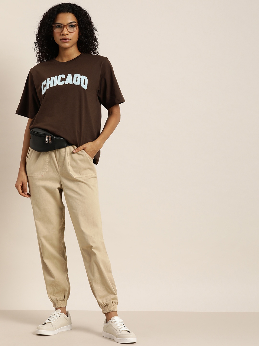 

DILLINGER Typography Embroidered Oversized Pure Cotton Longline T-shirt, Brown