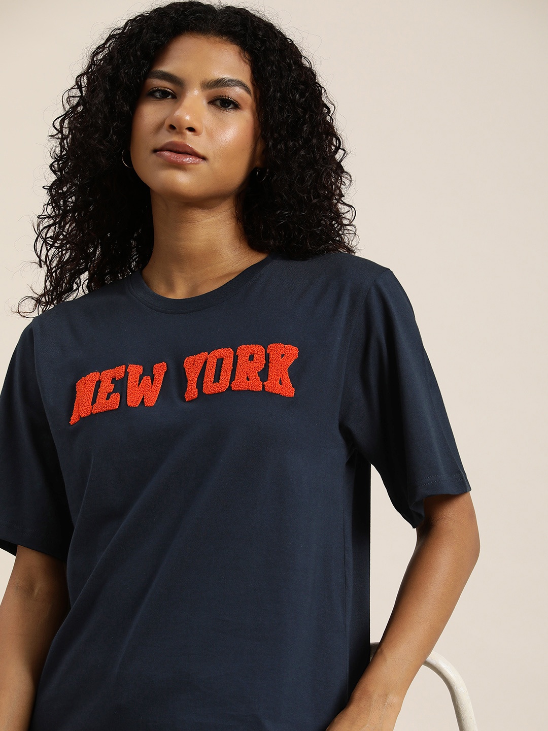 

DILLINGER Typography Embroidered Oversize Pure Cotton Longline T-shirt, Navy blue