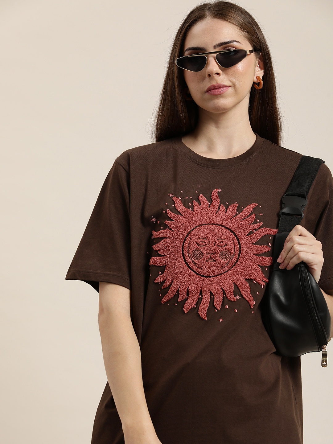 

DILLINGER Embroidered Oversize Pure Cotton Longline T-shirt, Brown