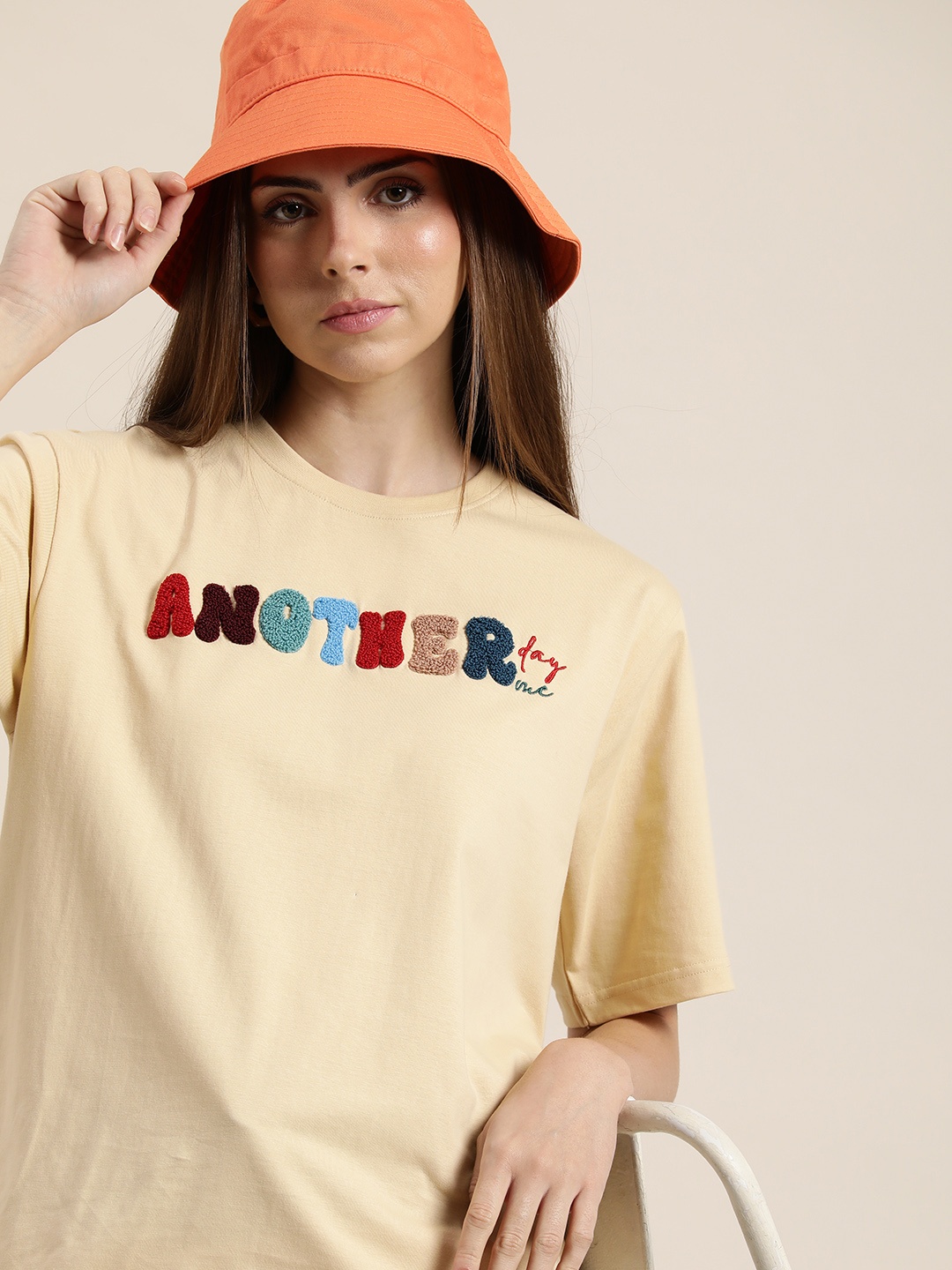 

DILLINGER Typography Embroidered Oversize Pure Cotton Longline T-shirt, Beige