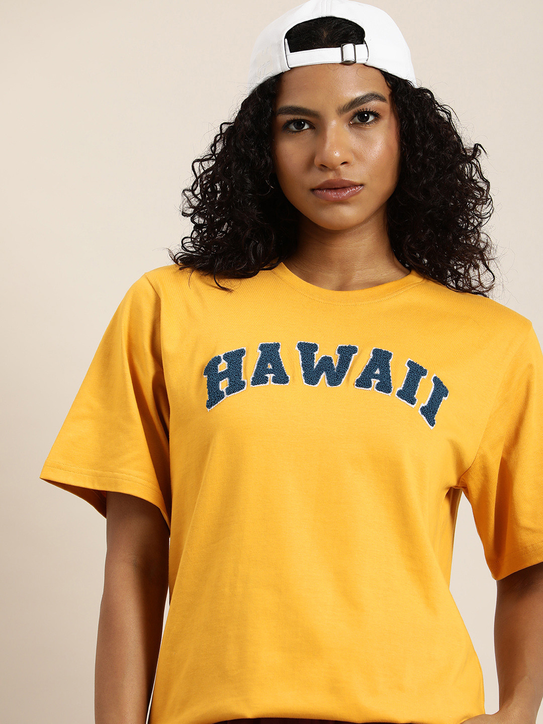 

DILLINGER Typography Embroidered Oversize Pure Cotton Longline T-shirt, Mustard