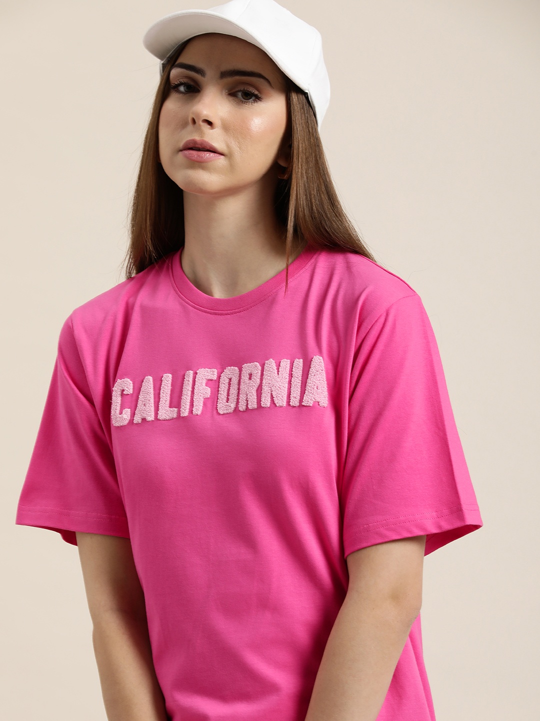 

DILLINGER Typography Embroidered Oversize Pure Cotton Longline T-shirt, Rose