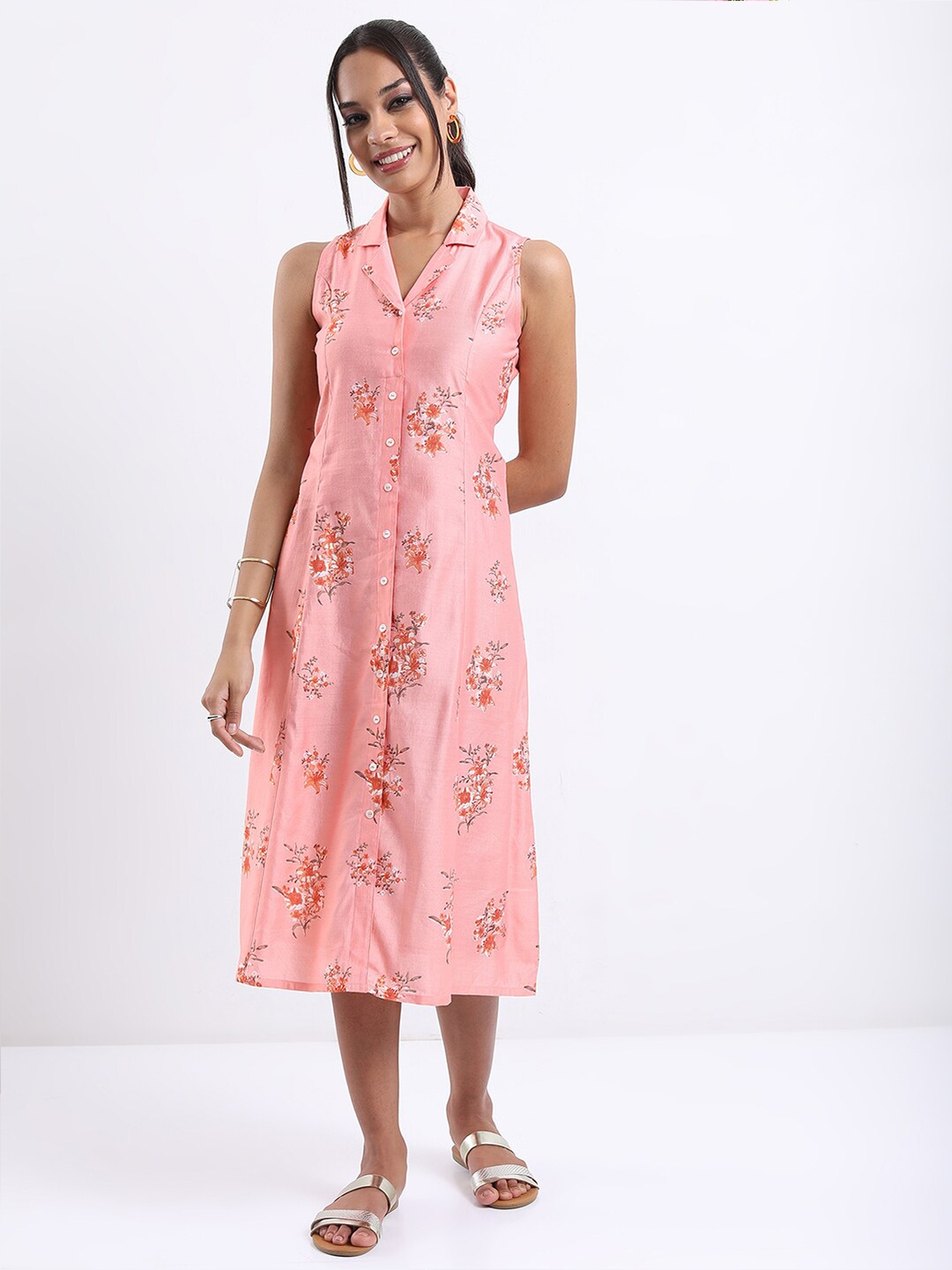 

Vishudh Floral Printed A-line Midi Dress, Pink