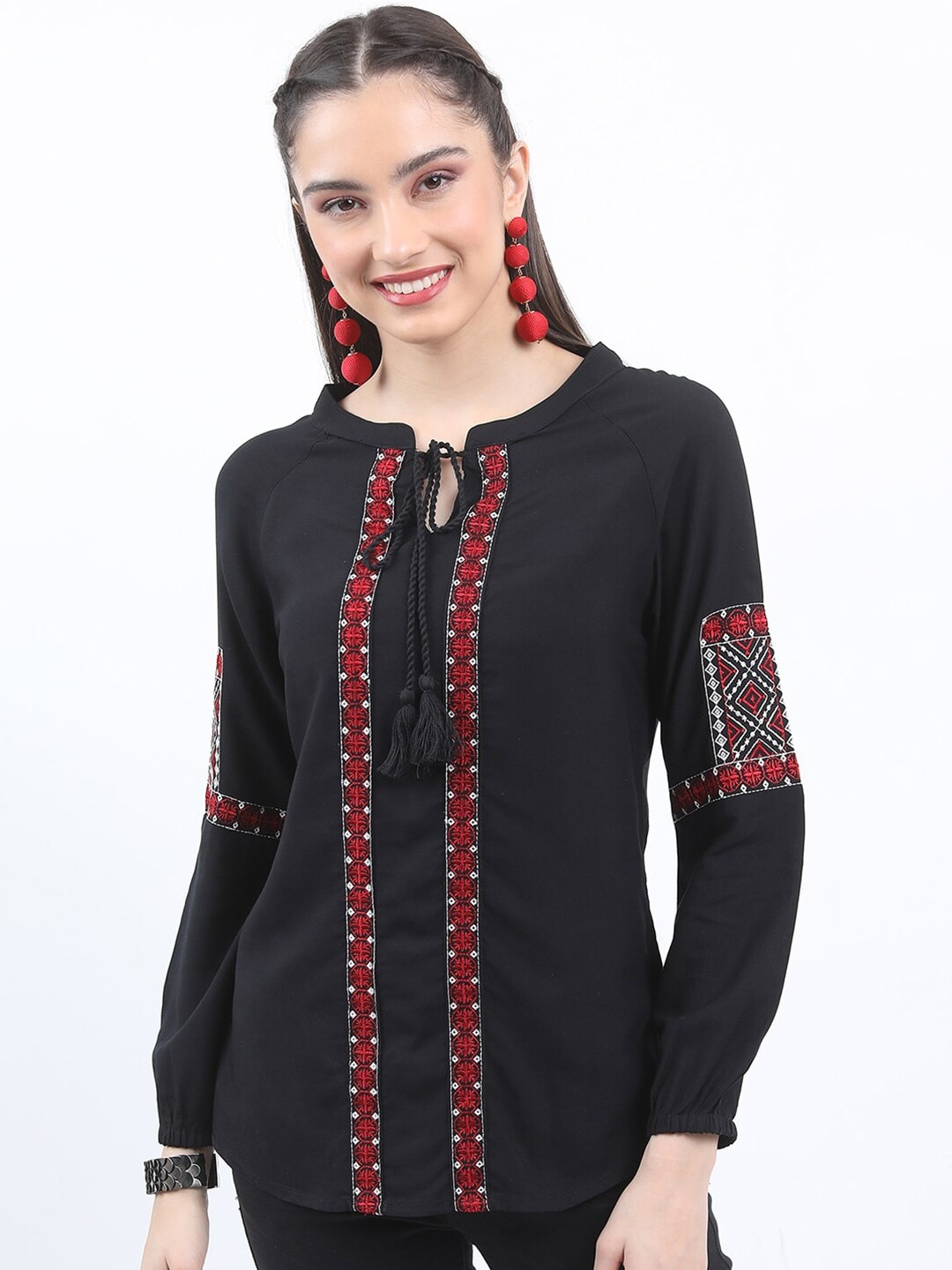 

Vishudh Tie-Up Neck Long Sleeves Embroidered Regular Top, Black