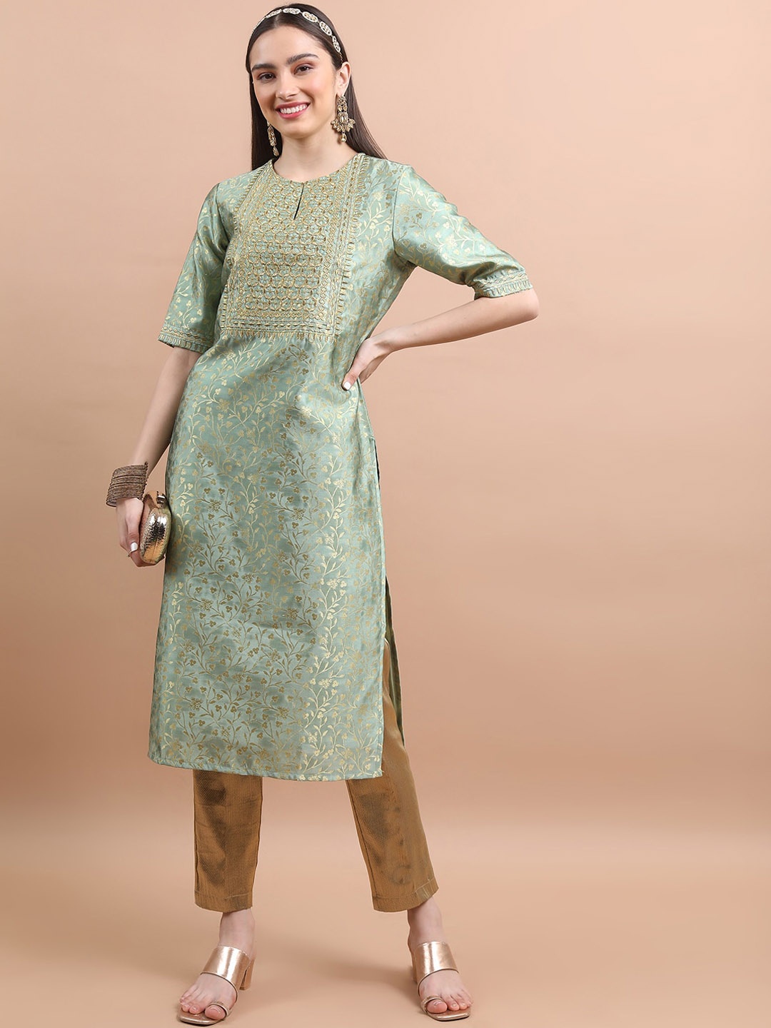 

Vishudh Floral Woven Design Keyhole Neck Thread Work Kurta, Green