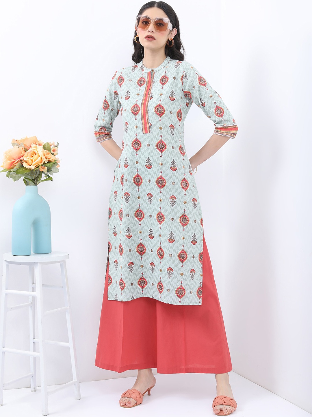 

Vishudh Ethnic Motif Printed Band Collar Pure Cotton Kurta, Sea green