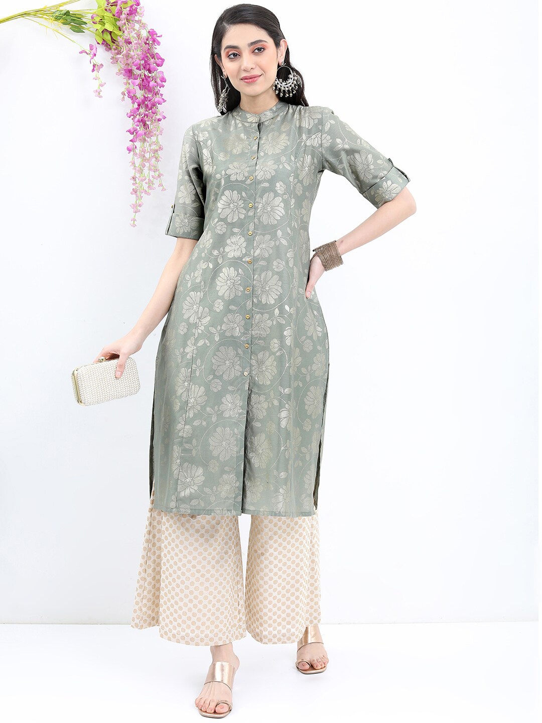 

Vishudh Floral Printed Band Collar A-Line Kurta, Olive