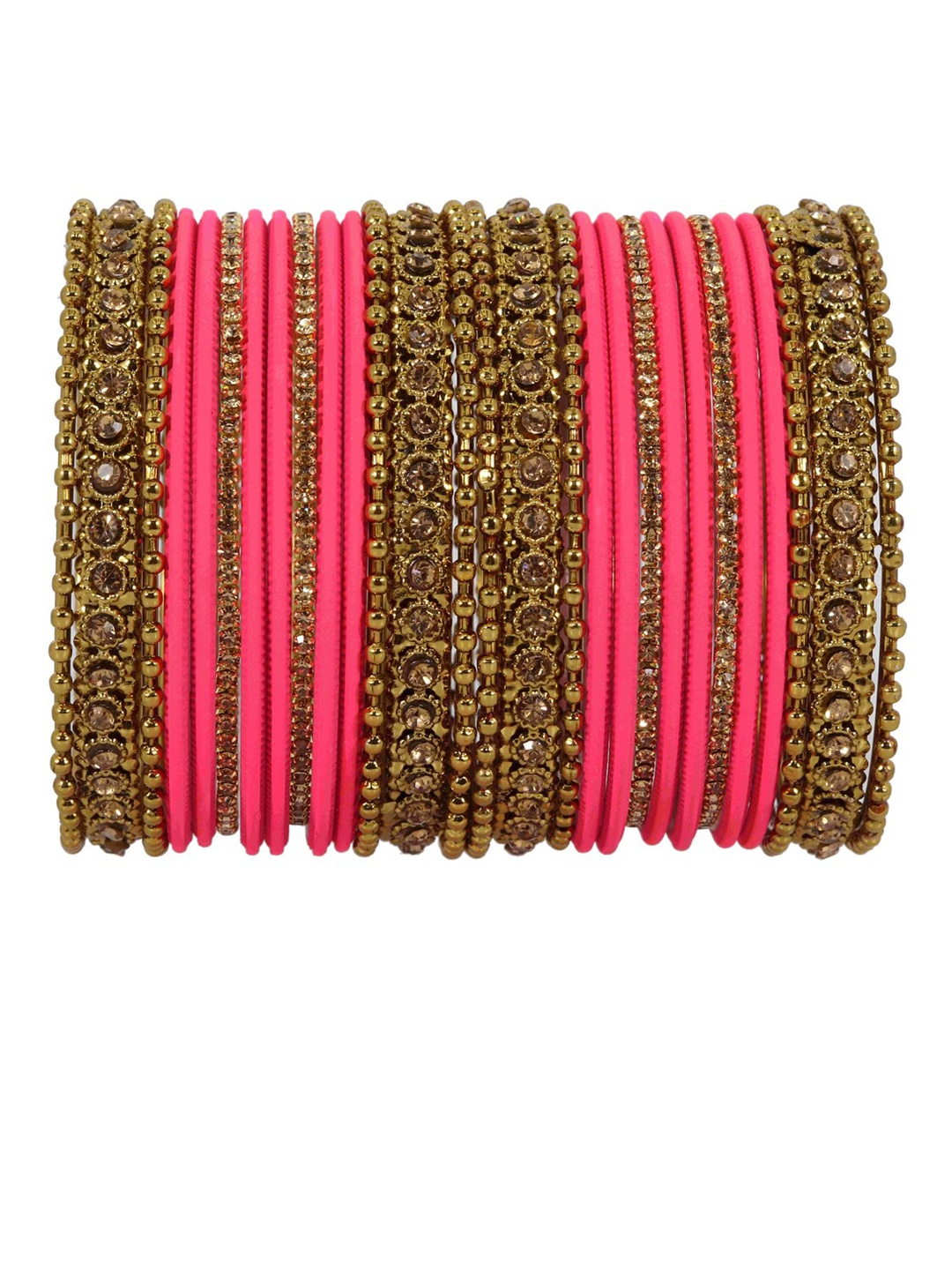 

NMII Set Of 28 Zircon Gemstone Studded Glossy Finished Bangles, Pink