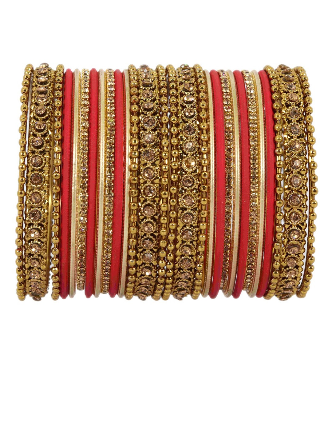 

NMII Set Of 28 Zircon Studded Glossy Finished Bangles, Red