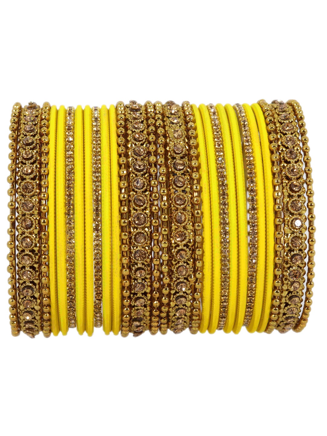 

NMII Set Of 28 Zircon Studded Glossy Finished Bangles, Yellow