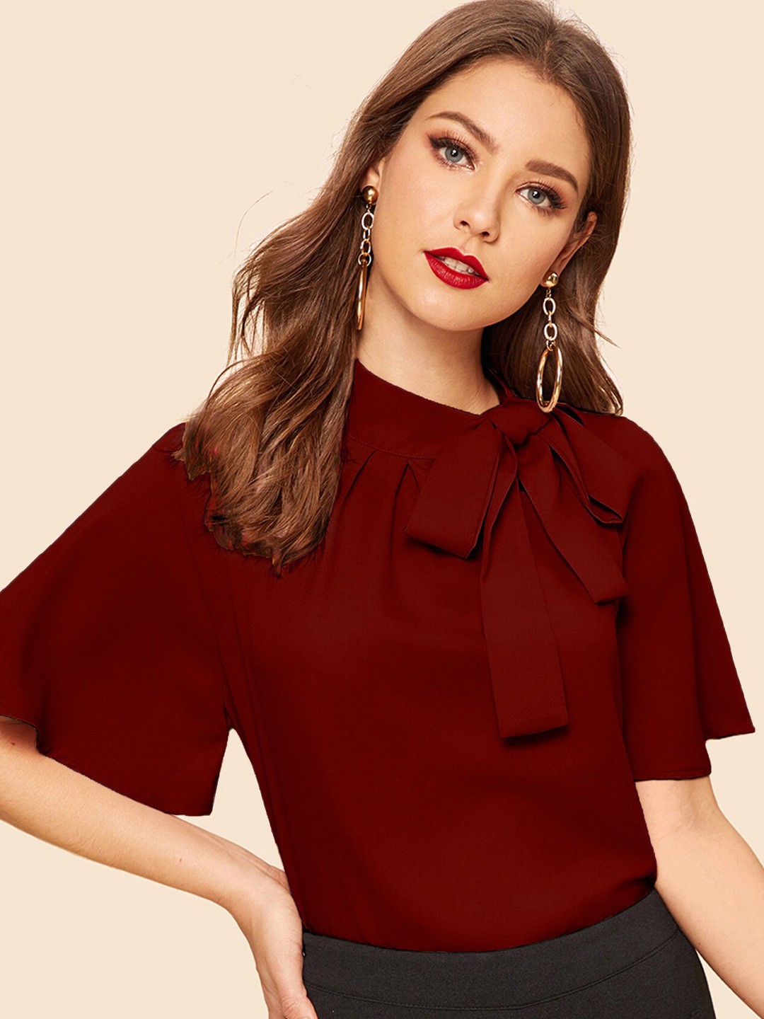 

AAHWAN Tie-Up Neck Raglan Sleeves Top, Maroon