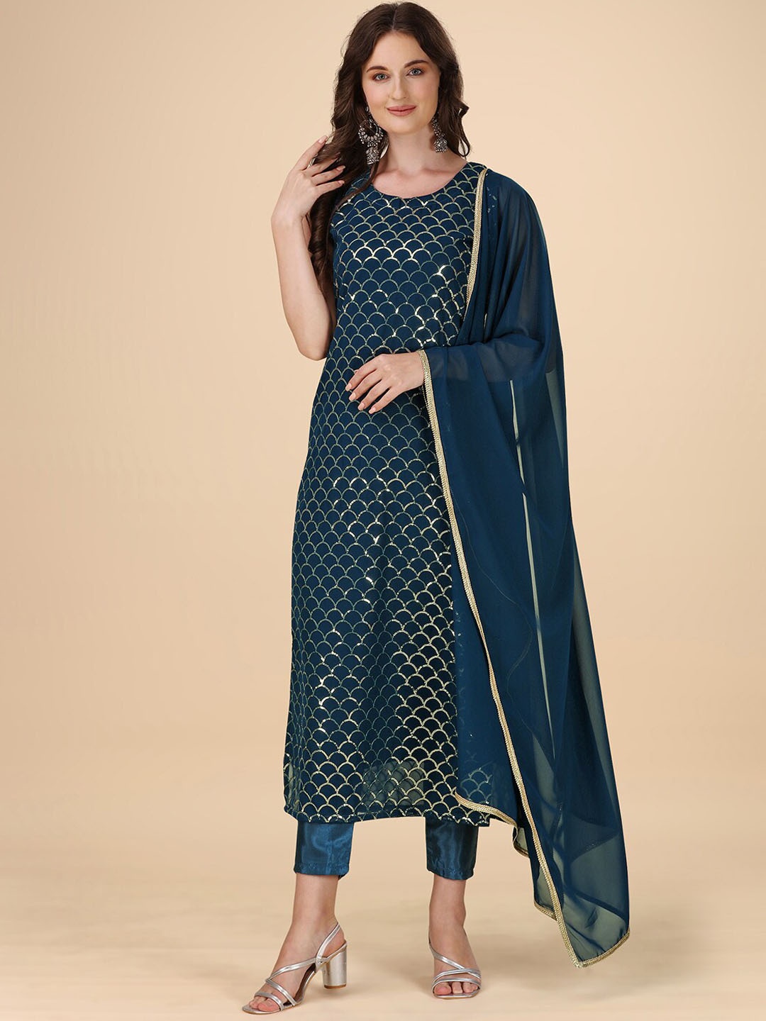 

heemara Embroidered Gotta Patti Kurta with Trousers & Dupatta, Teal