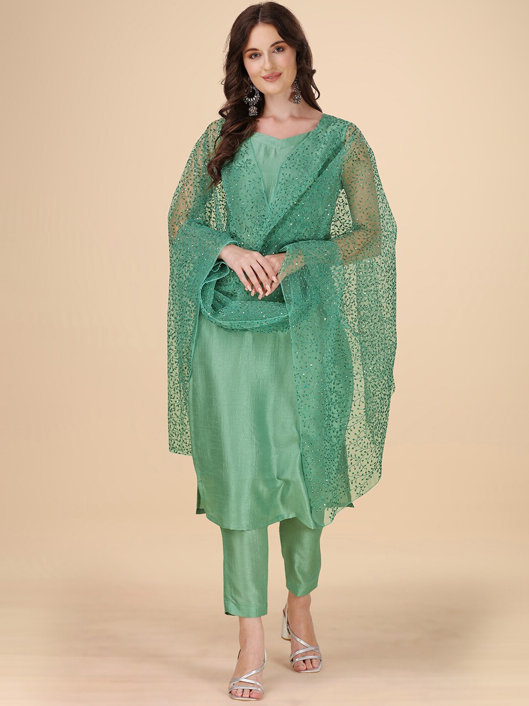 

heemara V-Neck Straight Kurta with Trousers & Dupatta, Green