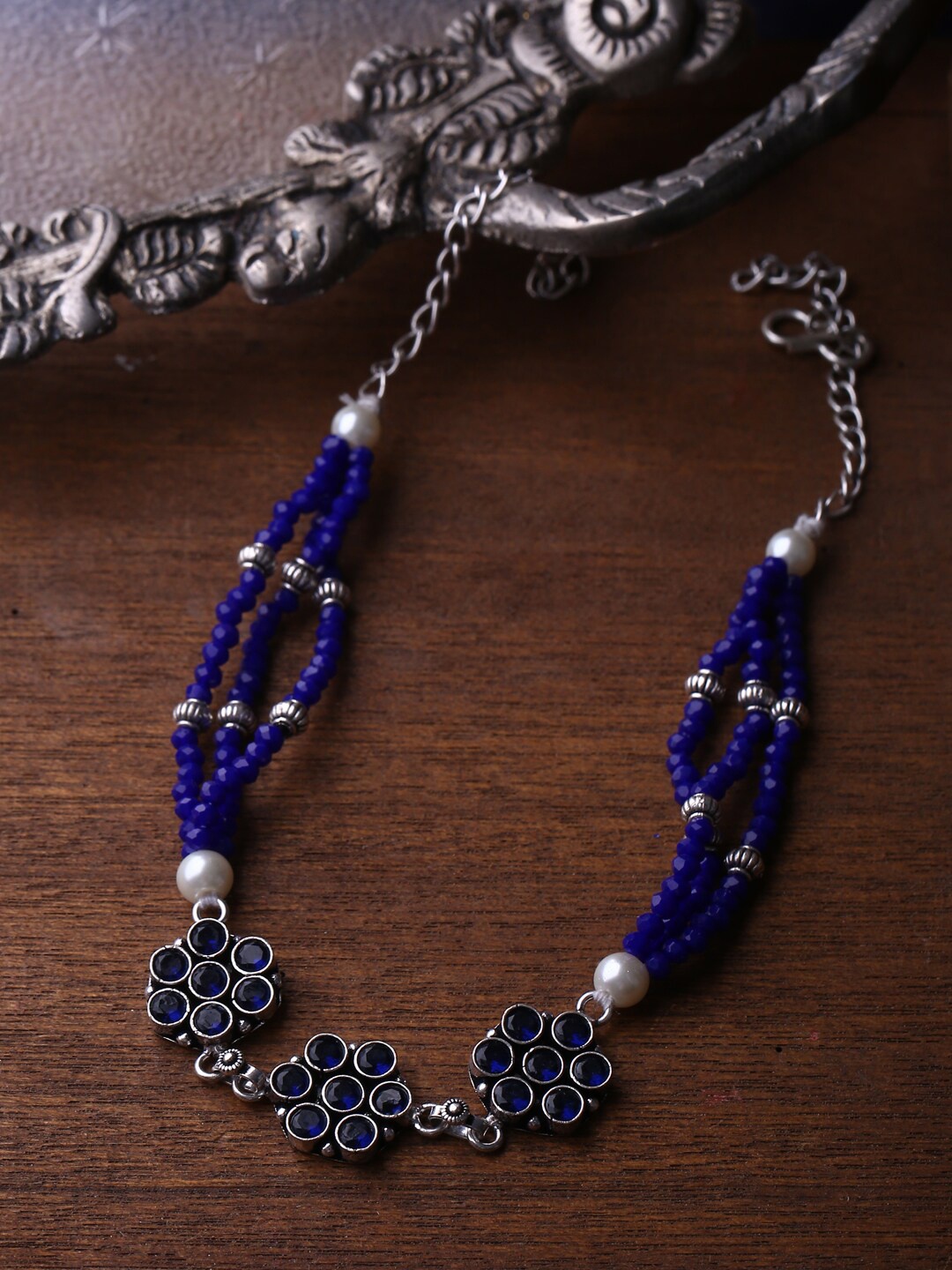 

Shoshaa Silver-Plated Stone-Studded & Beaded Oxidised Necklace