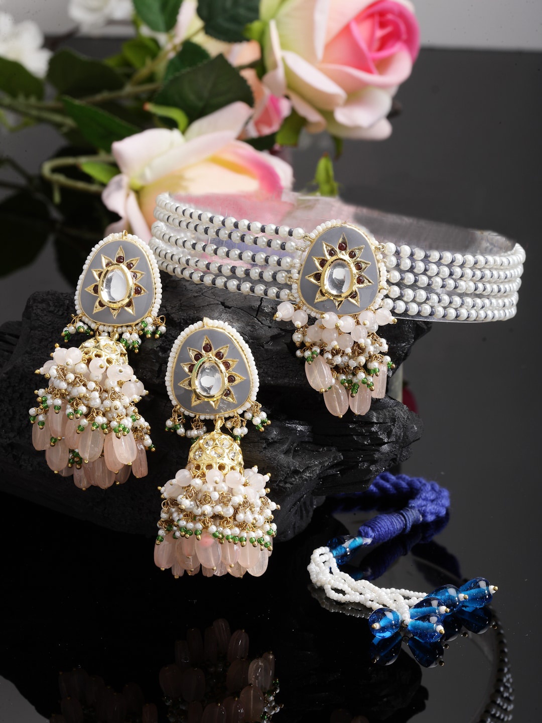 

DUGRISTYLE Gold-Plated Kundan & AD Studded & Beaded Jewellery Set