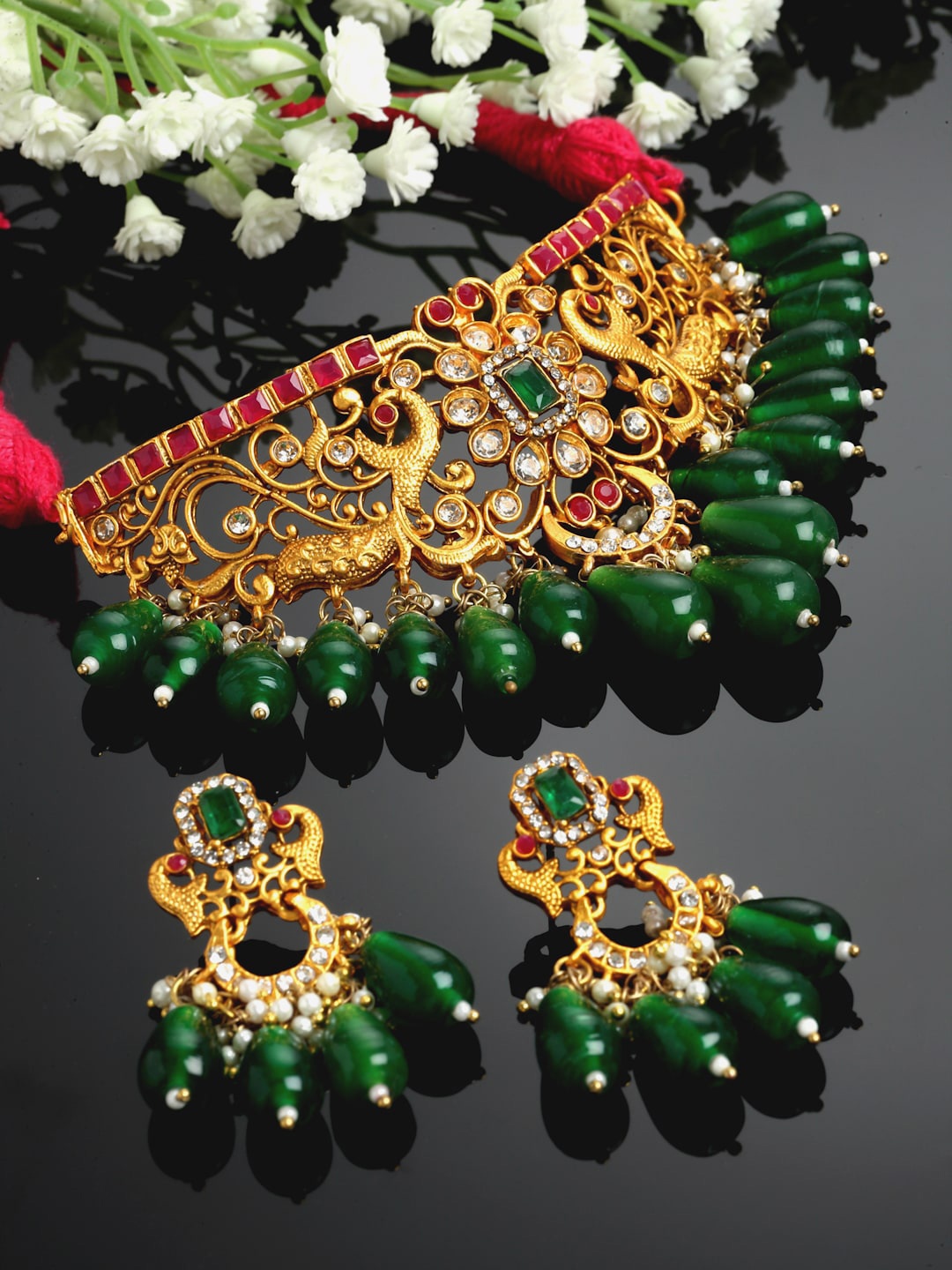 

DUGRISTYLE Gold-Plated AD Studded & Beaded Jewellery Set