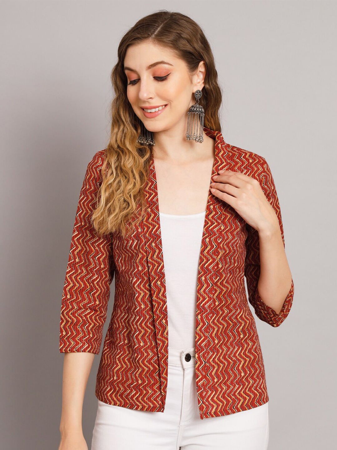 

DECKEDUP Geometric Printed Cotton Shrug, Maroon