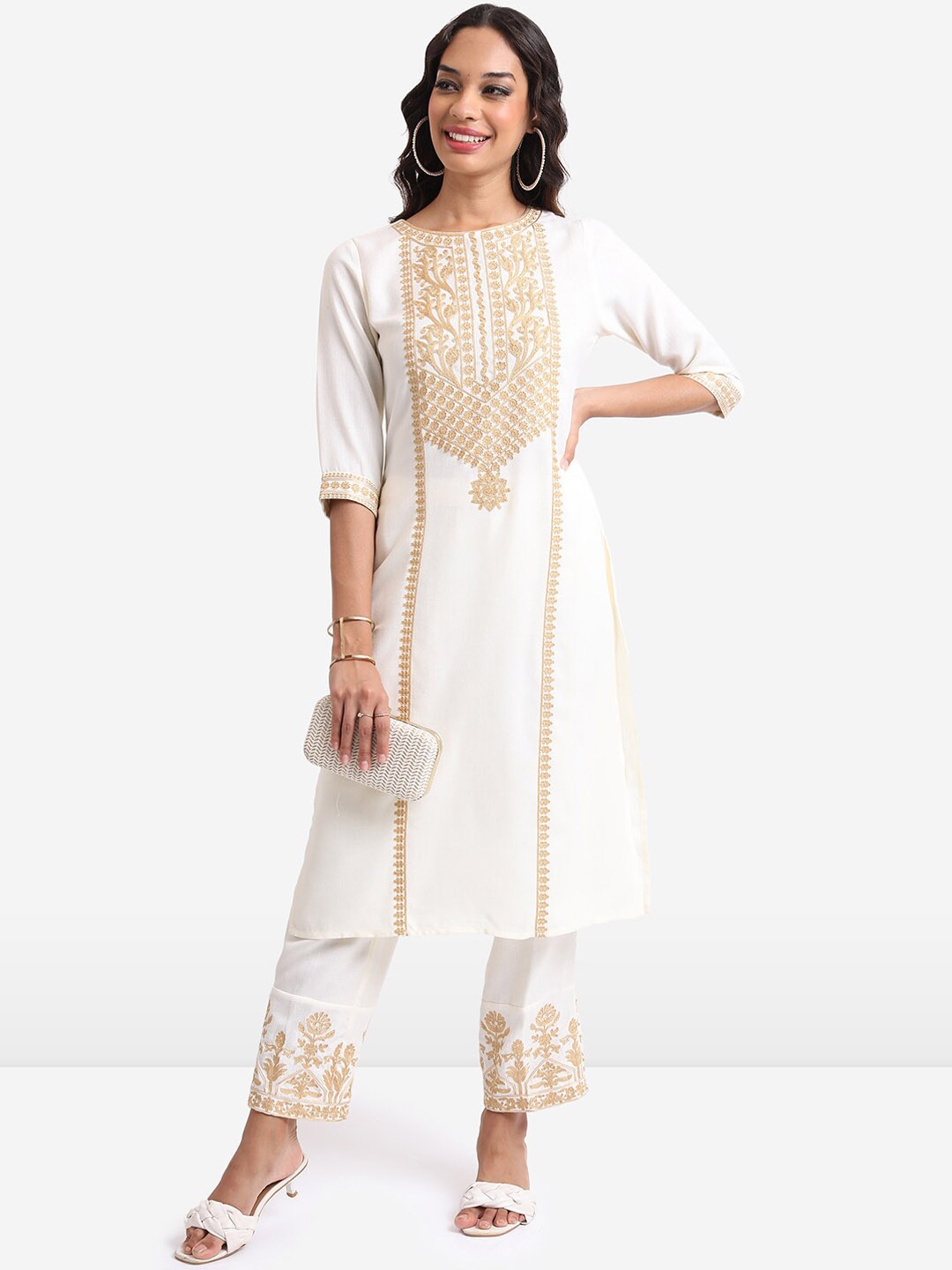 

Vishudh Ethnic Motifs Embroidered Regular Kurta With Trousers, Off white