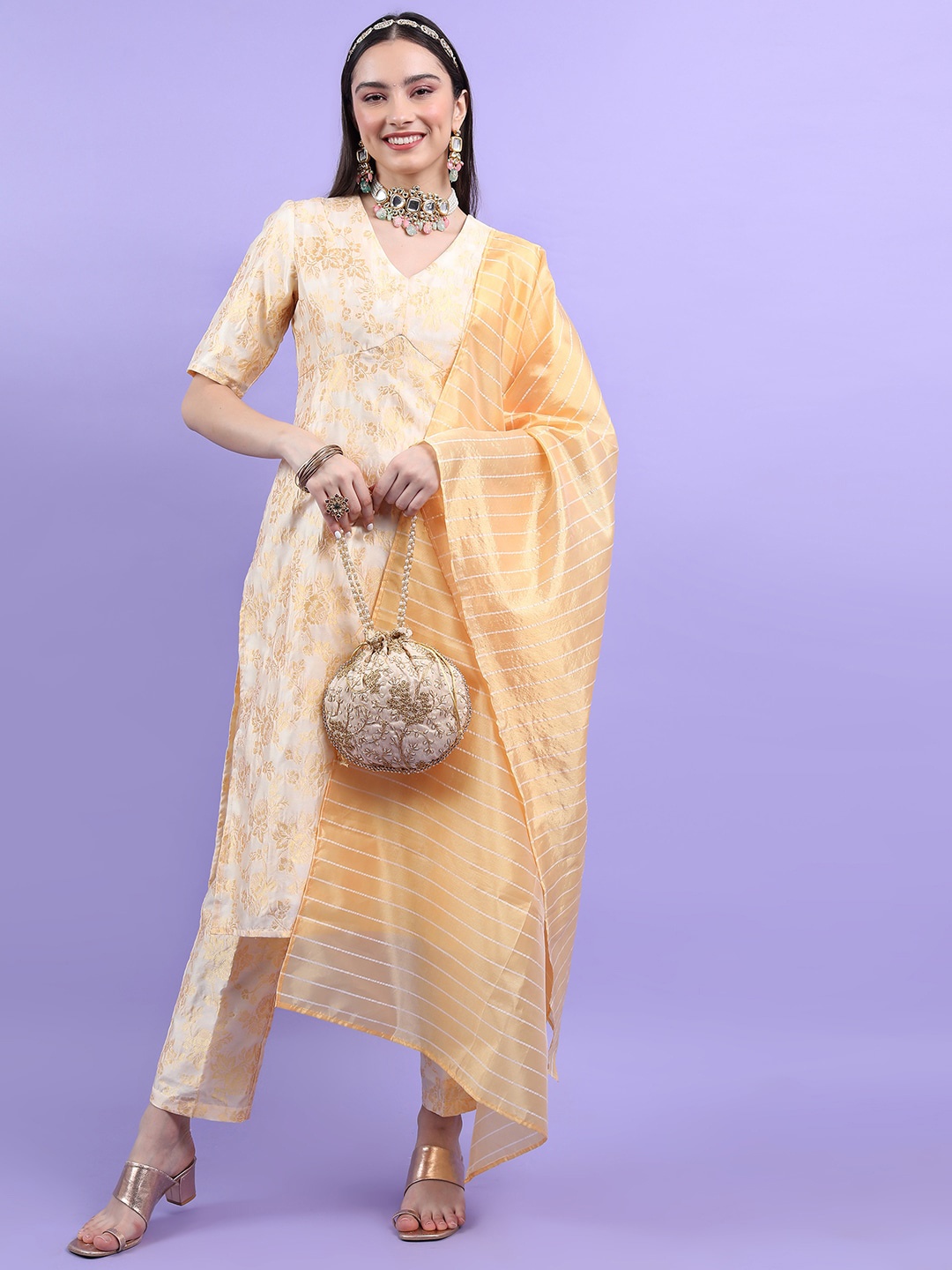 

Vishudh Floral Regular V-Neck A-Line Kurta With Trousers & Dupatta, Off white