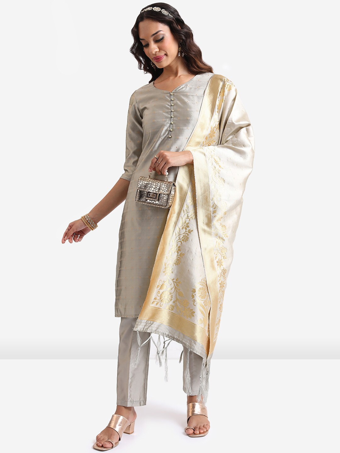 

Vishudh Geometric Woven Design Regular Kurta With Trousers & Dupatta, Grey