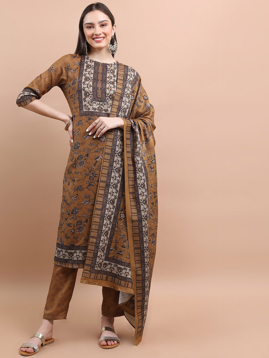 

Vishudh Floral Printed Regular Kurta with Trousers & With Dupatta, Brown