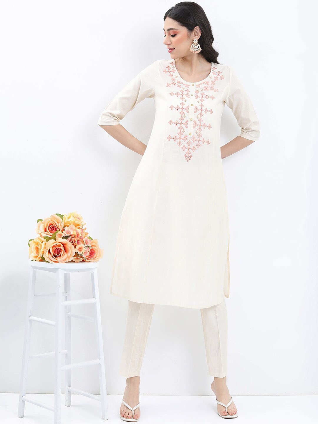 

Vishudh Ethnic Motifs Embroidered Regular Kurta With Trousers, White