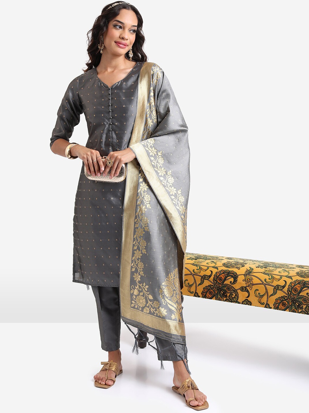 

Vishudh Ethnic Motifs Woven design Regular Kurta With Trousers & Dupatta, Grey