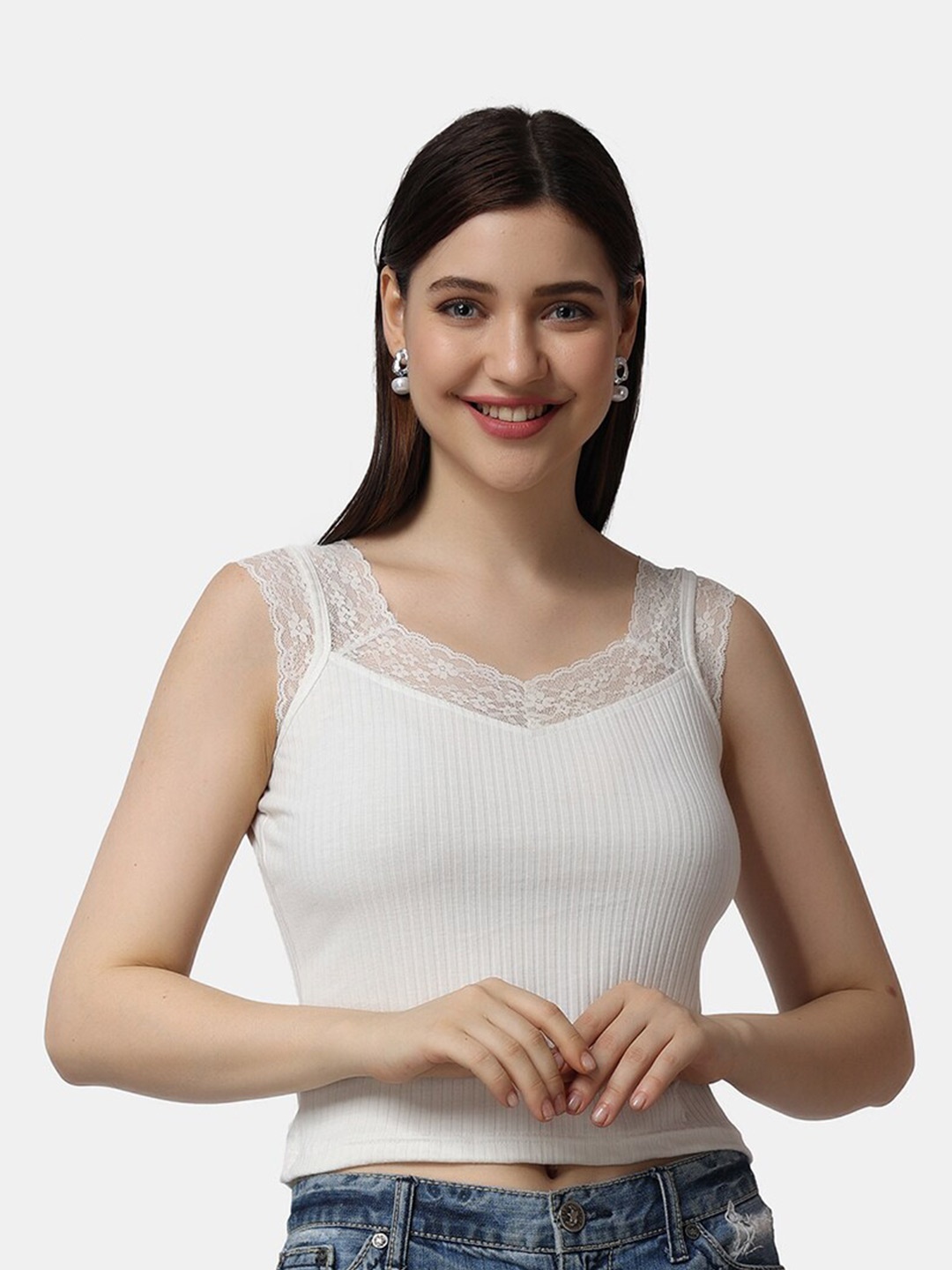 

Popwings Sleeveless Lace Inserts Crop Top, Off white