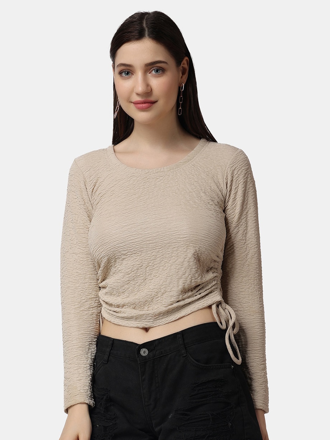 

Popwings Self Design Round Neck Crop Top, Beige