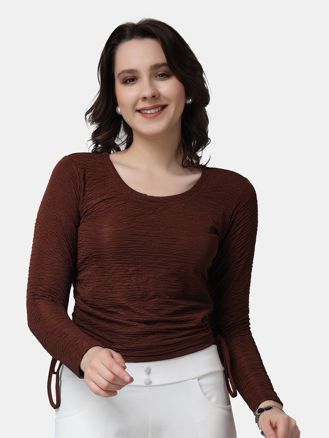 

Popwings Round Neck Ruched Crop Top, Coffee brown