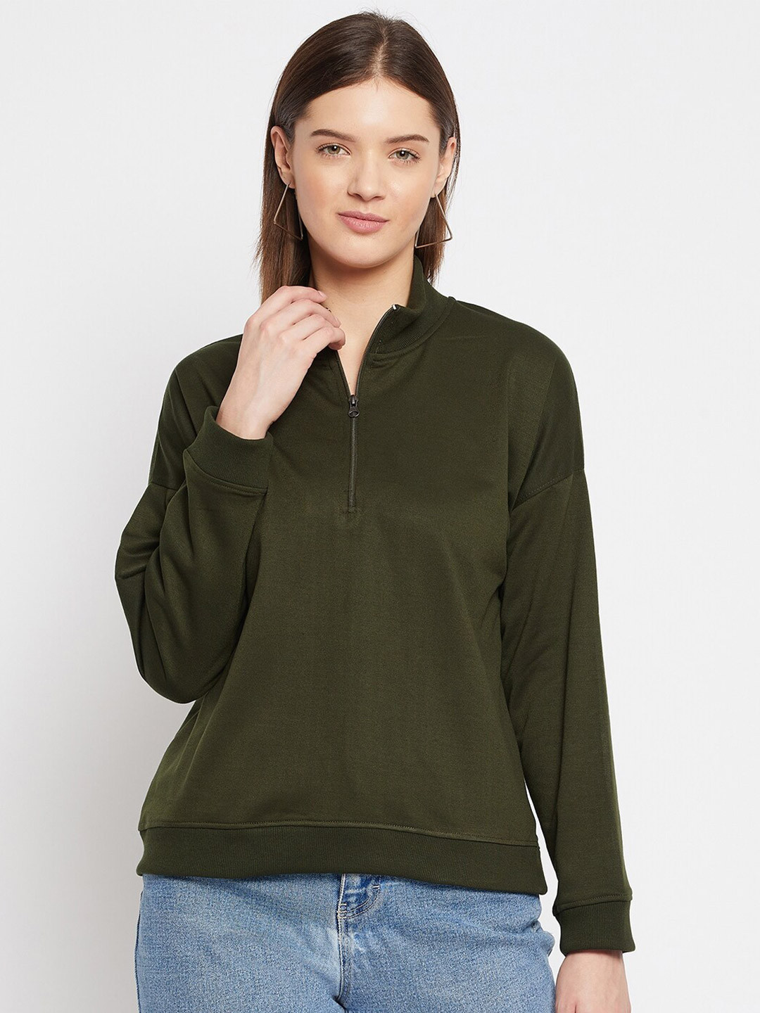

FRENCH FLEXIOUS Mock Collar Cotton Sweatshirt, Olive