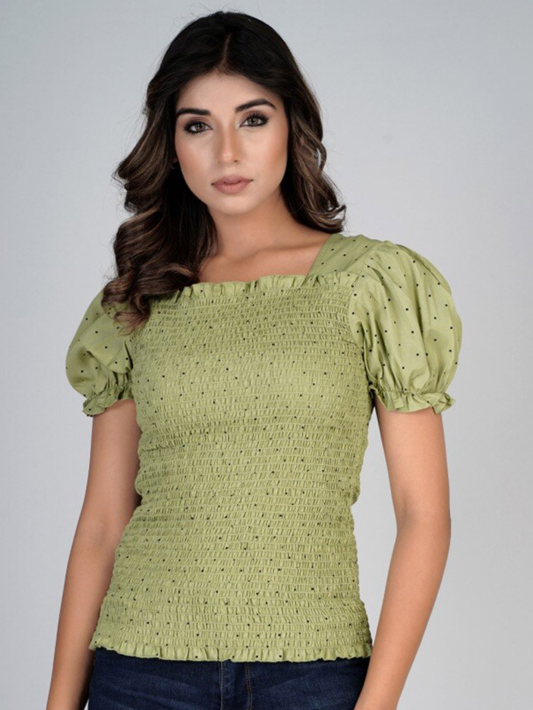 

HERE&NOW Polka Dots Printed Square Neck Puffed Sleeves Top, Green