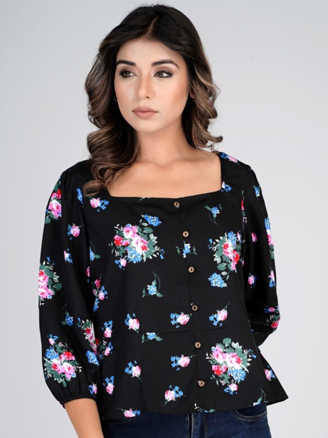 

HERE&NOW Floral Printed Square Neck Puffed Sleeves Top, Black