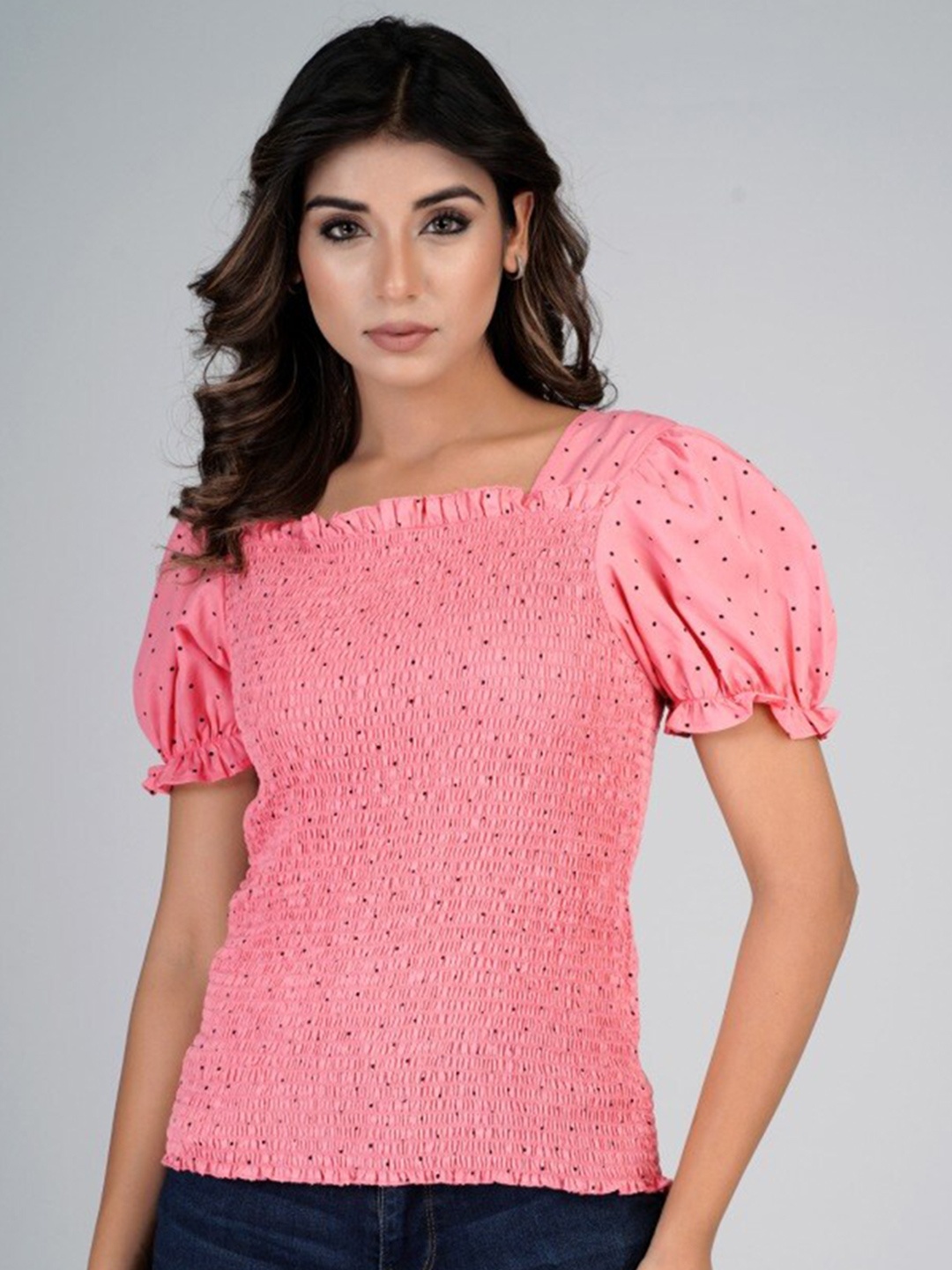 

HERE&NOW Smocked Polka Dot Printed Puff Sleeve Top, Pink
