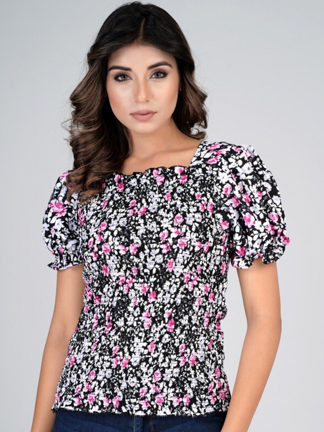 

HERE&NOW Floral Printed Square Neck Puffed Sleeves Top, Black