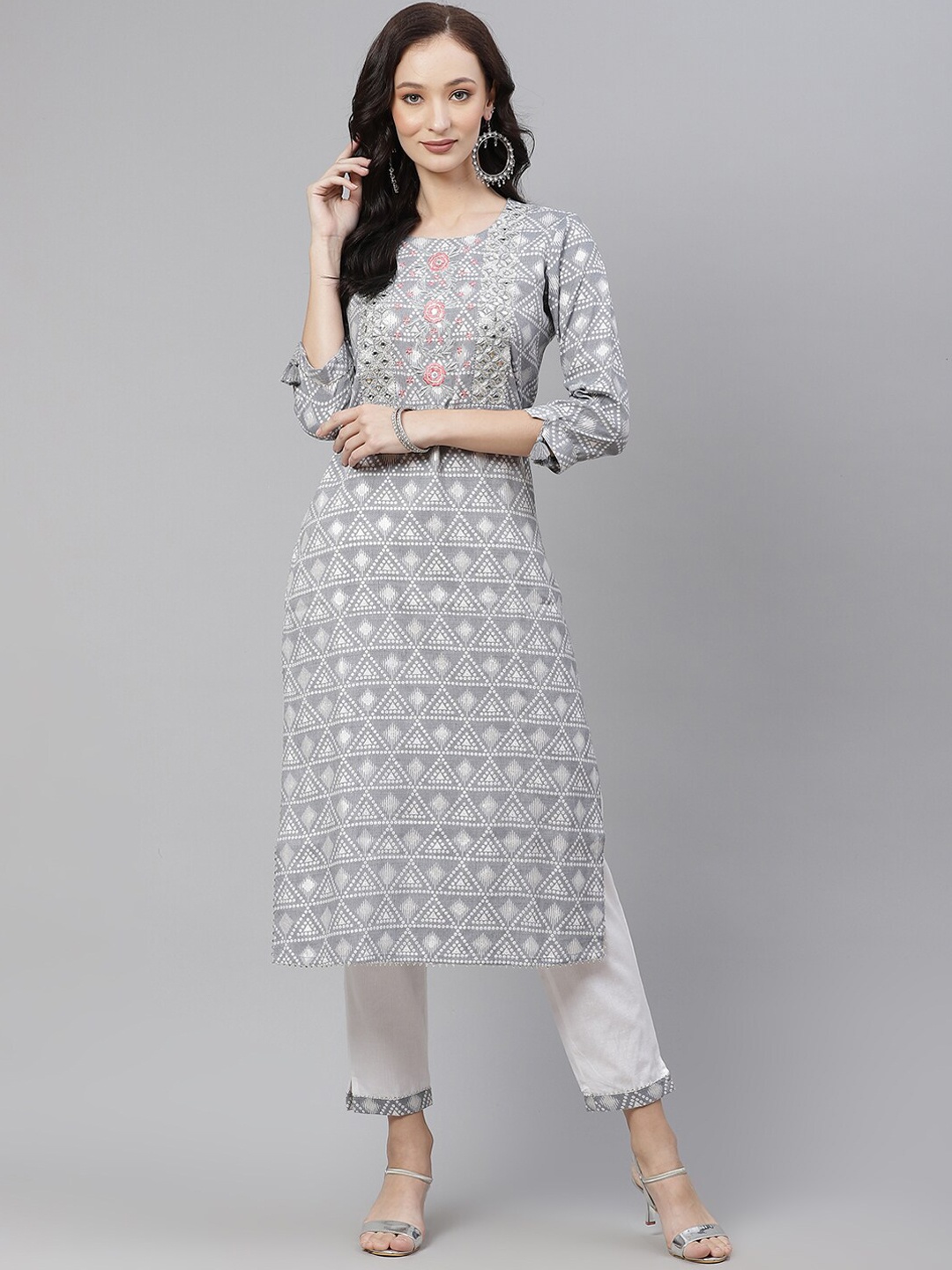 

PIROH Geometric Printed Mirror Work Kurta, Grey