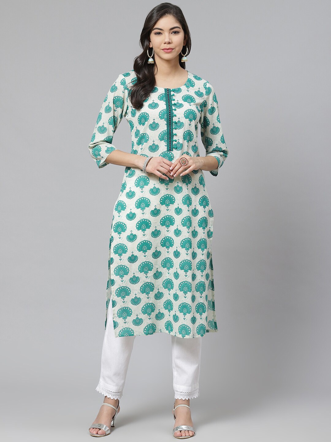 PIROH Ethnic Motifs Printed Thread Work Pure Cotton Kurta, Green