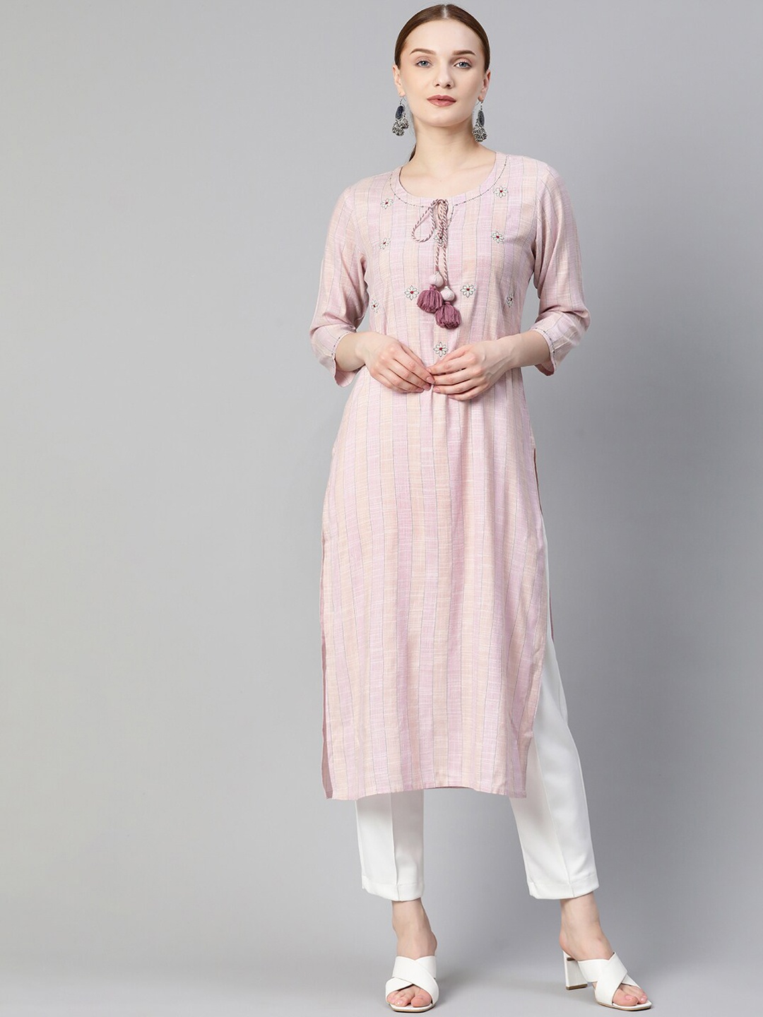 

PIROH Striped Keyhole Neck Pure Cotton Kurta, Purple