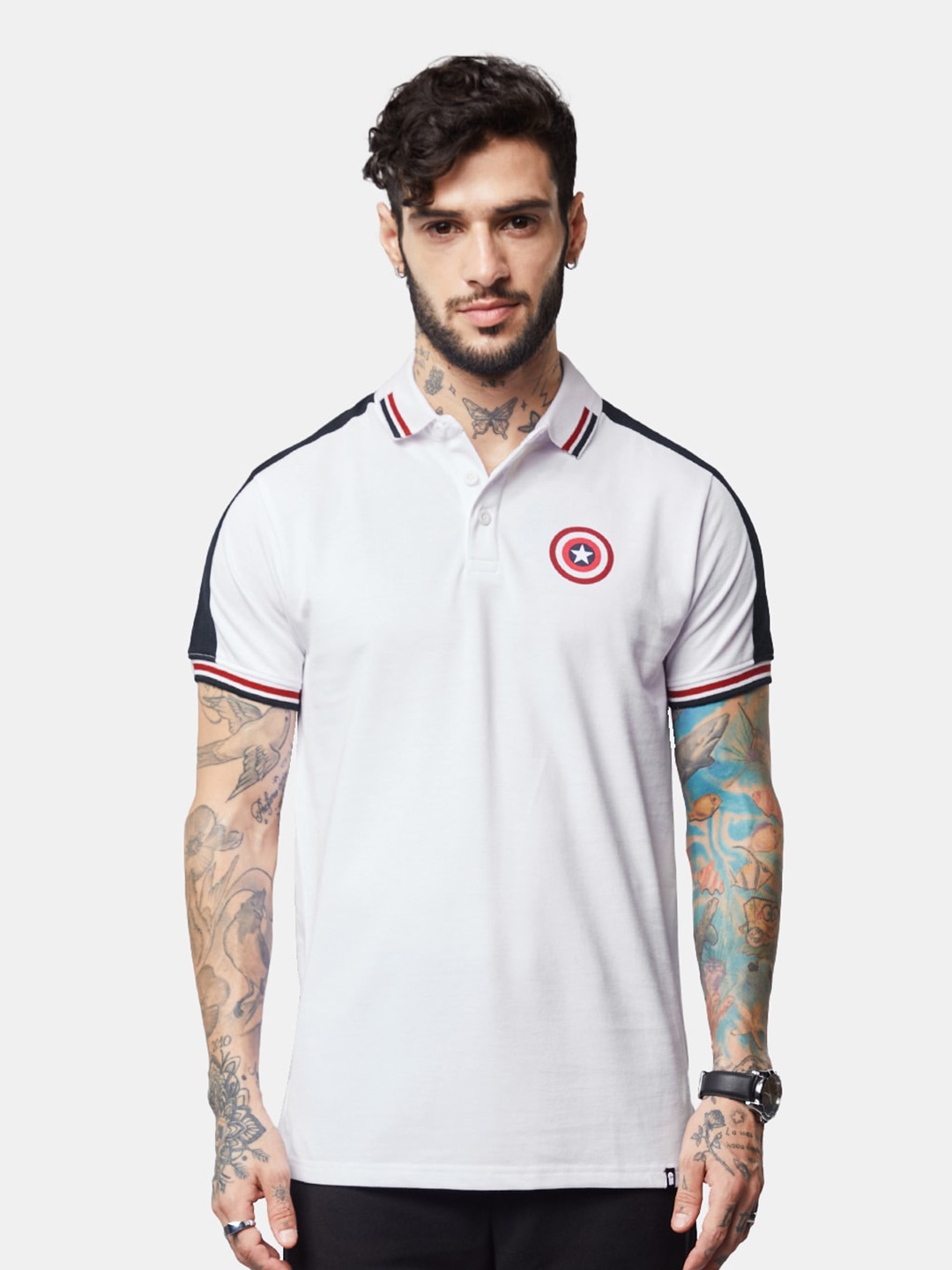 

The Souled Store Captain America Printed Polo Collar Cotton T-shirt, White