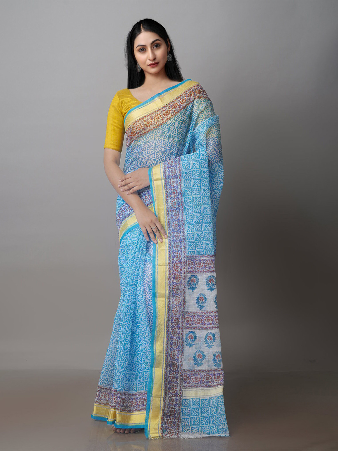 

Unnati Silks Ethnic Motifs Printed Zari Silk Cotton Kota Saree, Blue