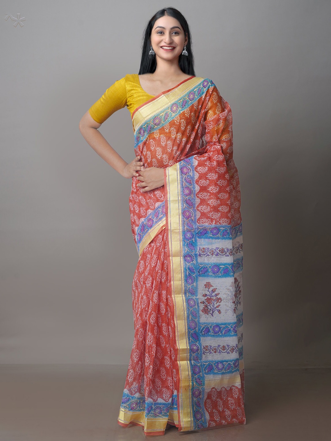 

Unnati Silks Ethnic Motifs Block Printed Zari Silk Cotton Kota Saree, Orange