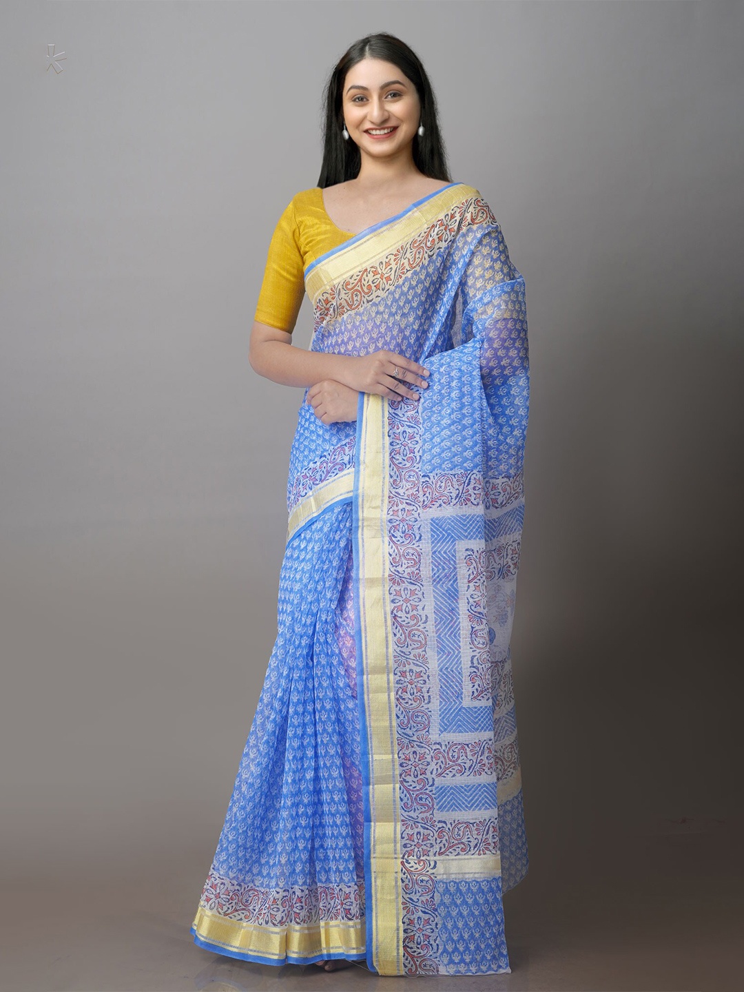 

Unnati Silks Floral Printed Zari Silk Cotton Kota Saree, Blue