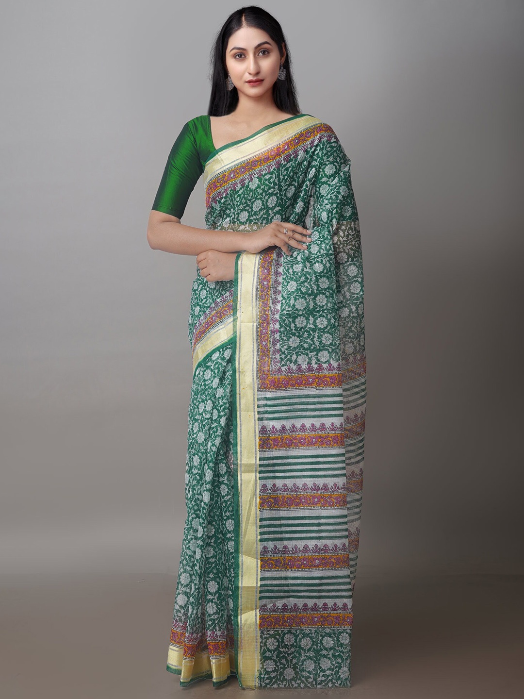 

Unnati Silks Ethnic Motifs Block Printed Zari Silk Cotton Kota Saree, Green