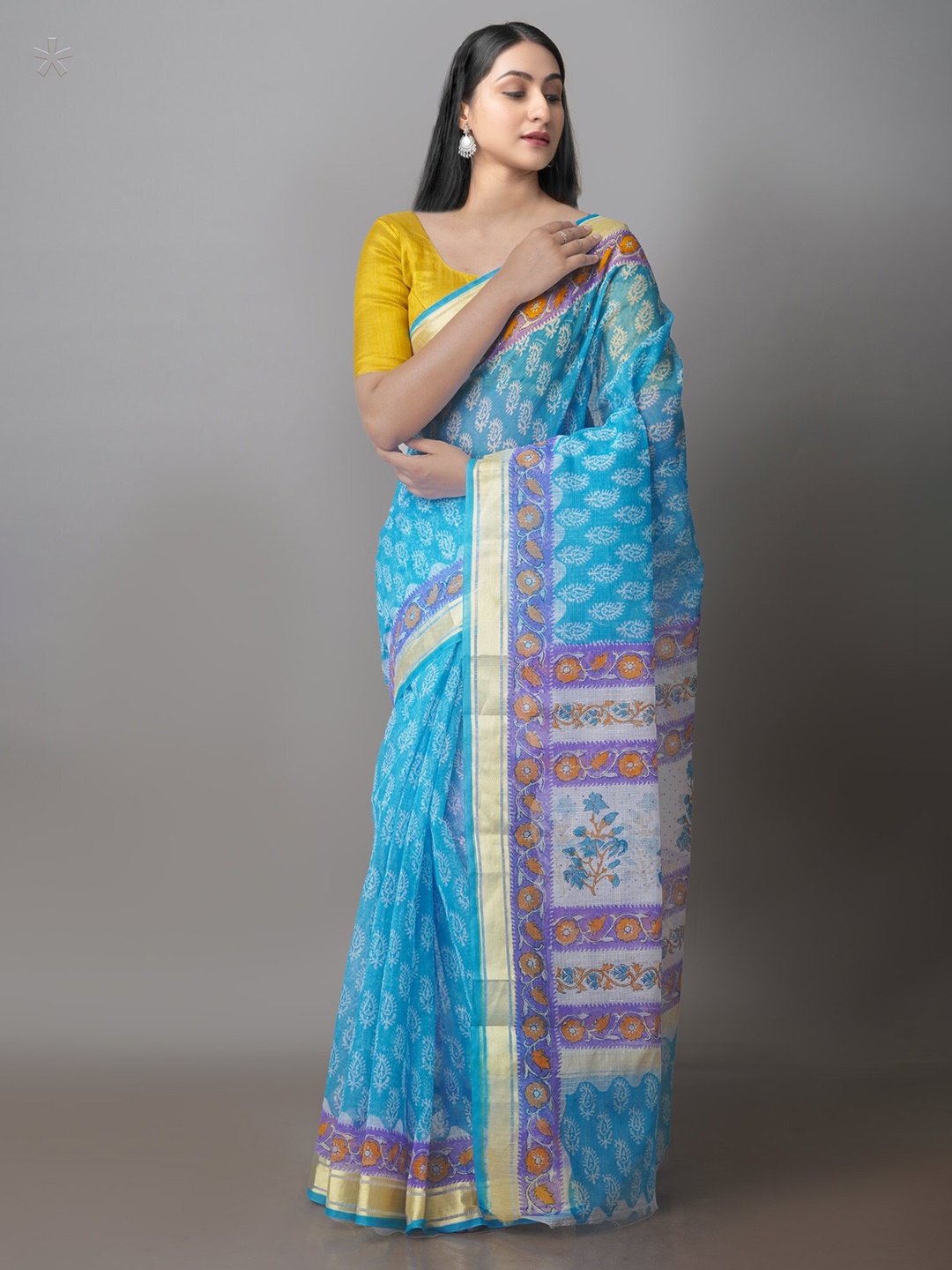 

Unnati Silks Ethnic Motifs Block Printed Zari Silk Cotton Kota Saree, Blue