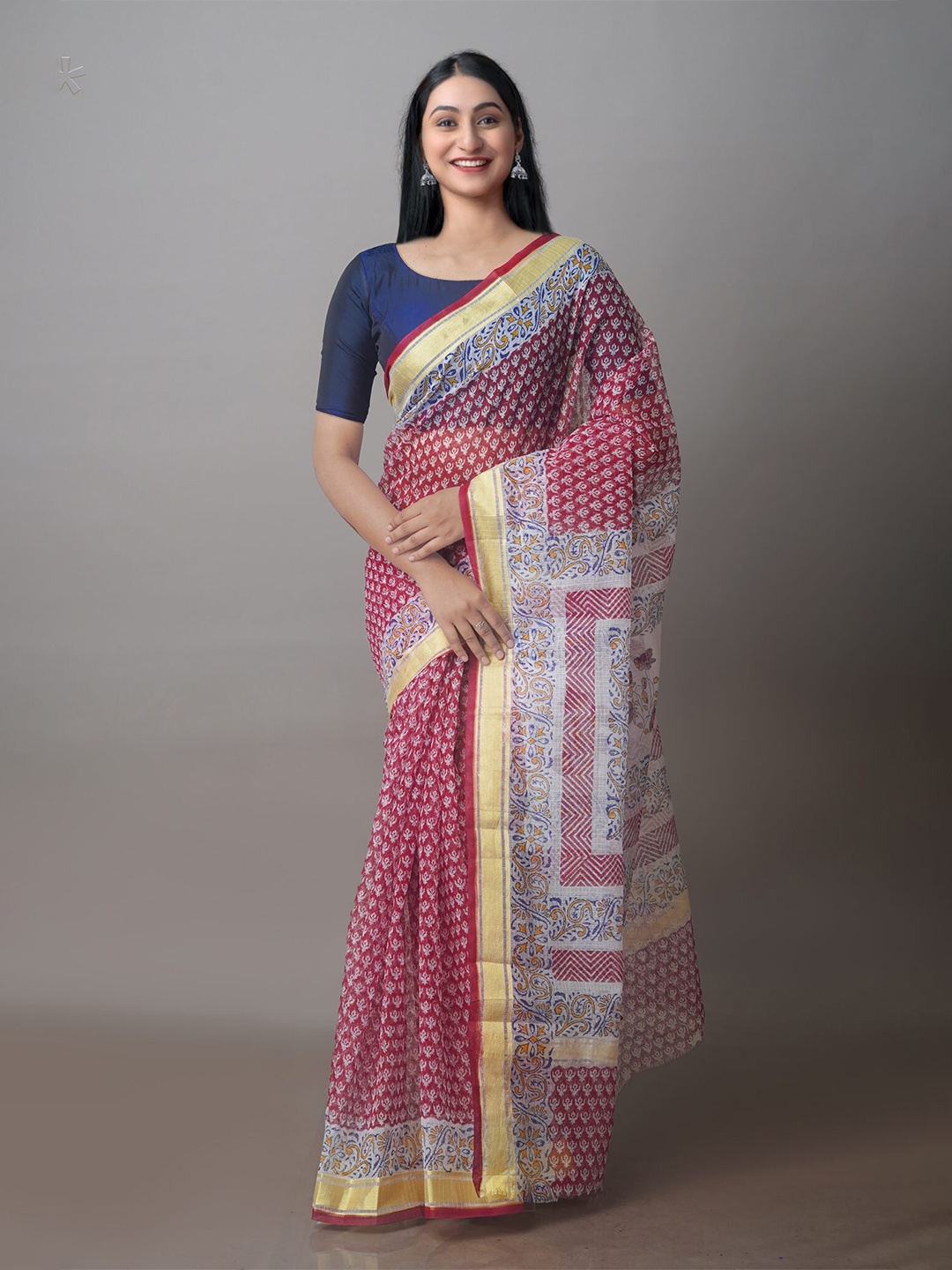 

Unnati Silks Ethnic Motifs Printed Zari Silk Cotton Kota Saree, Maroon